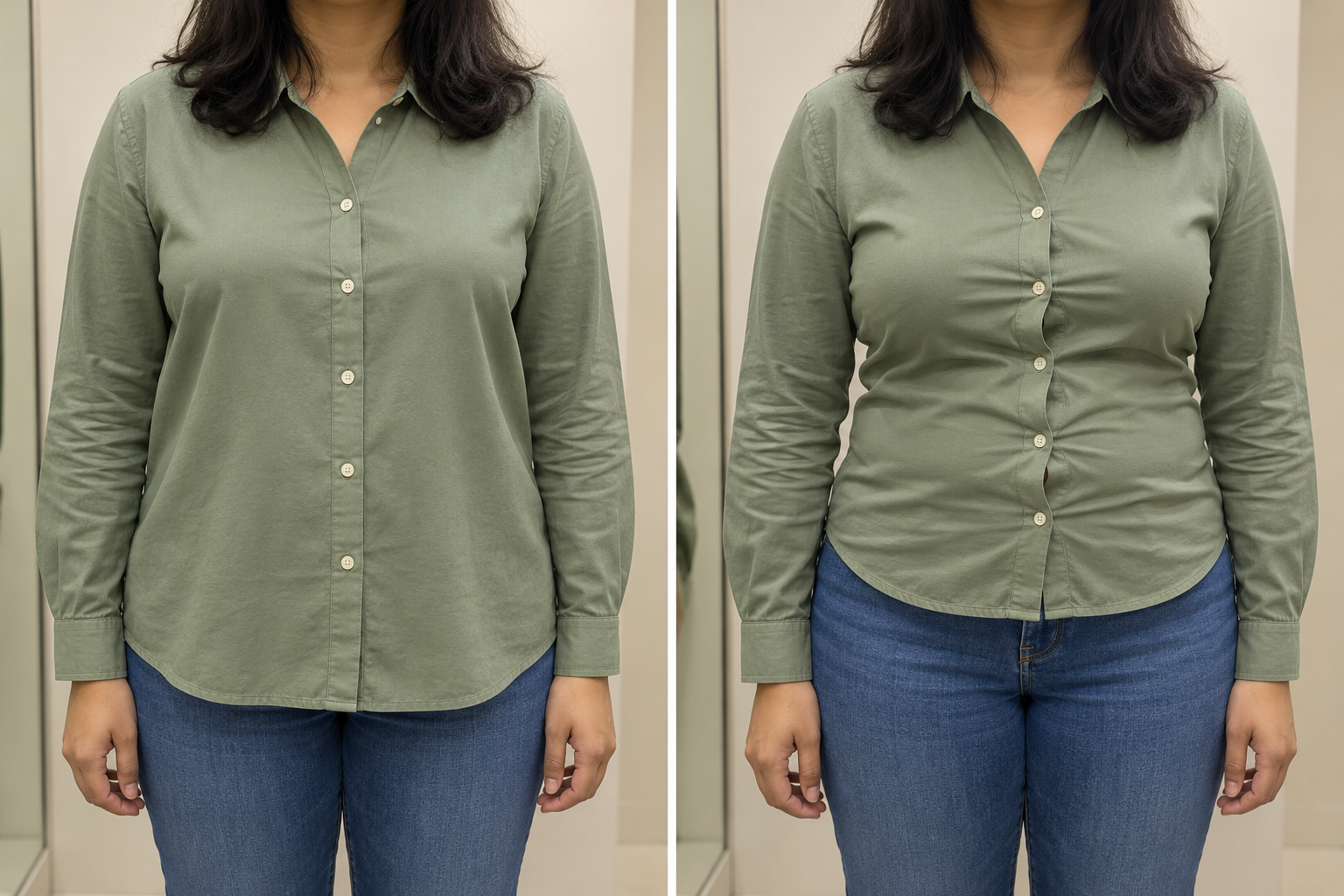 Illustrative comparison of a loose virtual shirt preview on the left and a tight physical fit on the right