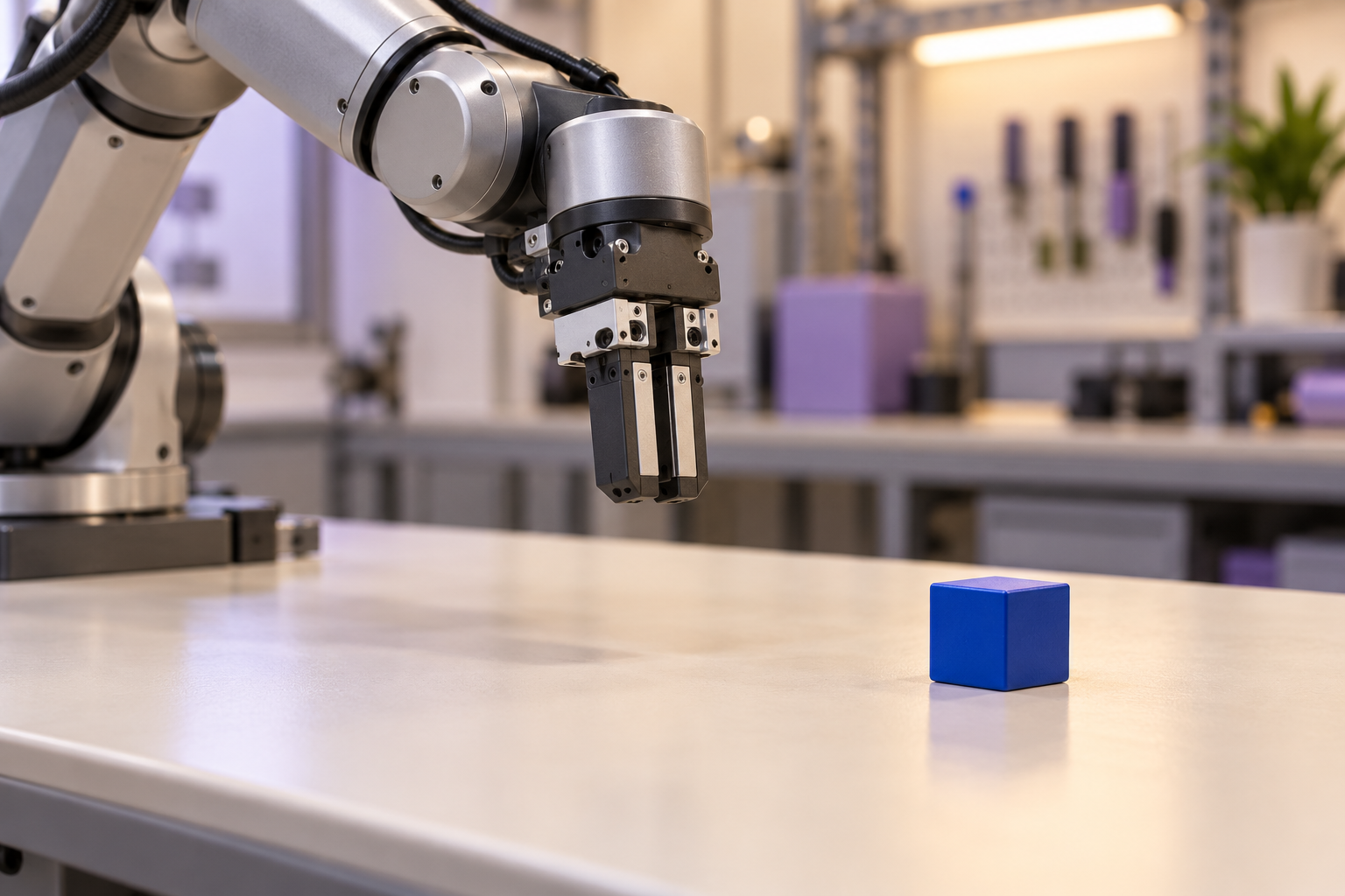Illustrative robot gripper closed on empty air while a blue cube remains on the table