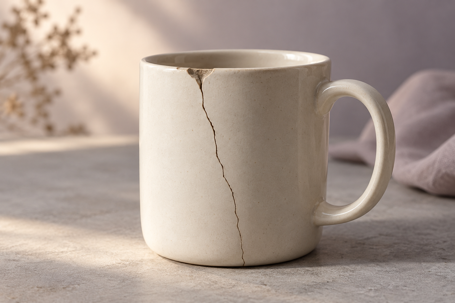 Illustrative ceramic mug with an obvious crack and chipped rim